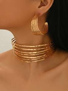 2pcs Stylish Geometric Line Tassel Design Necklace & Earrings Jewelry Set, Elegant Party & Daily Wear Exaggerated Metallic Statement Accessory - Yellow Gold - View 1