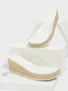 Damen transparente Keilabsatz Peep-Zehen Slip On Mules, atmungsaktive, lässige Plateau-Wedge-Sandalen mit Keilabsatz für Strandurlaub - Weiss - Übersicht 5