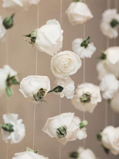 21pcs/42pcs White Rose Waterfall Set With 20 Fake Roses And 1 Roll Of Clear Rope For Wedding Party Decoration Bridal Shower Birthday Room Decoration Supplies, Restaurant Party Roof Decoration