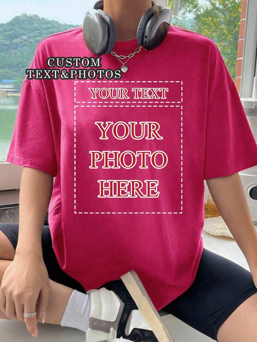 女款T恤-可自定義文字與照片(徽章設計/情侶照/家庭照/自拍/寵物照),夏季上衣 - 玫紅色 - 查看 1