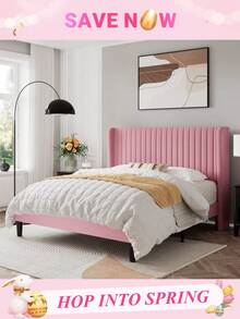 Allewie Full/Queen/King Size Velvet Bed Frame/Vertical Channel Tufted Wingback Headboard/Upholstered Platform Bed/Strong Wooden Slats/No Box Spring Needed/Easy Assembly/Blue/Black/White/Green/Teal/Pink/Grey * Bed Frame Queen Queen Bed Frame Bed Frame Full Full Size Bed Frame King Size Bed Frame Twin Bed Frame Room Decor Home Decor Christmas Decor Bedroom Decor Valentine Day Decor Storage Living Room Decor Furniture House Decor - Hồng - Xem 1