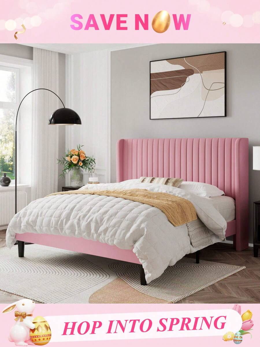 Allewie Full/Queen/King Size Velvet Bed Frame/Vertical Channel Tufted Wingback Headboard/Upholstered Platform Bed/Strong Wooden Slats/No Box Spring Needed/Easy Assembly/Blue/Black/White/Green/Teal/Pink/Grey * Bed Frame Queen Queen Bed Frame Bed Frame Full Full Size Bed Frame King Size Bed Frame Twin Bed Frame Room Decor Home Decor Christmas Decor Bedroom Decor Valentine Day Decor Storage Living Room Decor Furniture House Decor - Hồng - Xem 1