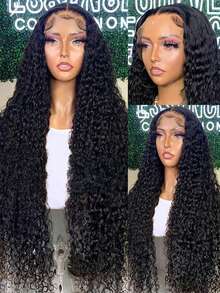 40inch 250% Density Deep Wave Lace Front Wigs Human Hair Curly Lace Front Wig Human Hair Wig Pre Plucked 250% Density 13x4 Deep Wave Frontal Wig Transparent HD Lace Front Wigs Human Hair Wigs - Black - View 6