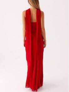 Womens Floral Strapless Dress Y2k Backless Sleeveless Tube Maxi Long Dresses Sexy Mesh Bodycon Summer Beachwear - 紅色 - 查看 4