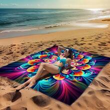 1 件长方形梦幻炫彩图案轻质户外多用途防水防沙沙滩毯数码印花休闲户外柔软材质野餐毯适合露营、野餐、海滩、家庭户外野餐等场景提供舒适的沙滩铺设体验春夏海滩派对必备品
