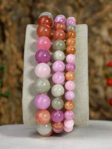 Pulsera de piedras naturales color rosa primaveral, set de pulsera de estilo bohemio con perlas de sunstone, cuarzo rosa y lepidolita, cadena de cristales de equilibrio energético para yoga, apta como regalo para mujeres