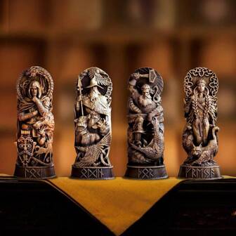 Collection de statues en résine de la mythologie - Figurines artisanales des dieux nordiques et vikings, sculptures en bois sculpté d'Odin, Freya, Thor, décoration d'autel sumérienne antique, étagère de style boho médiéval pour la maison païenne/wicca (résine)