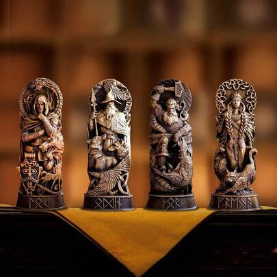 "Mythology Resin Statues Collection - Handcrafted Norse & Viking Gods Figurines, Carved Wood-Effect Odin Freya Thor Sculptures, Ancient Sumerian Altar Decor, Boho Medieval Shelf Display For Pagan/Wiccan Home ( Resin)"