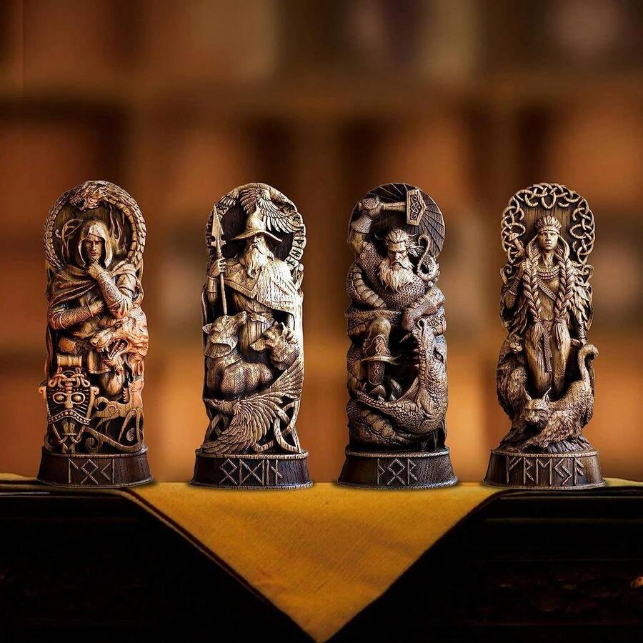 "Mythology Resin Statues Collection - Handcrafted Norse & Viking Gods Figurines, Carved Wood-Effect Odin Freya Thor Sculptures, Ancient Sumerian Altar Decor, Boho Medieval Shelf Display For Pagan/Wiccan Home ( Resin)"