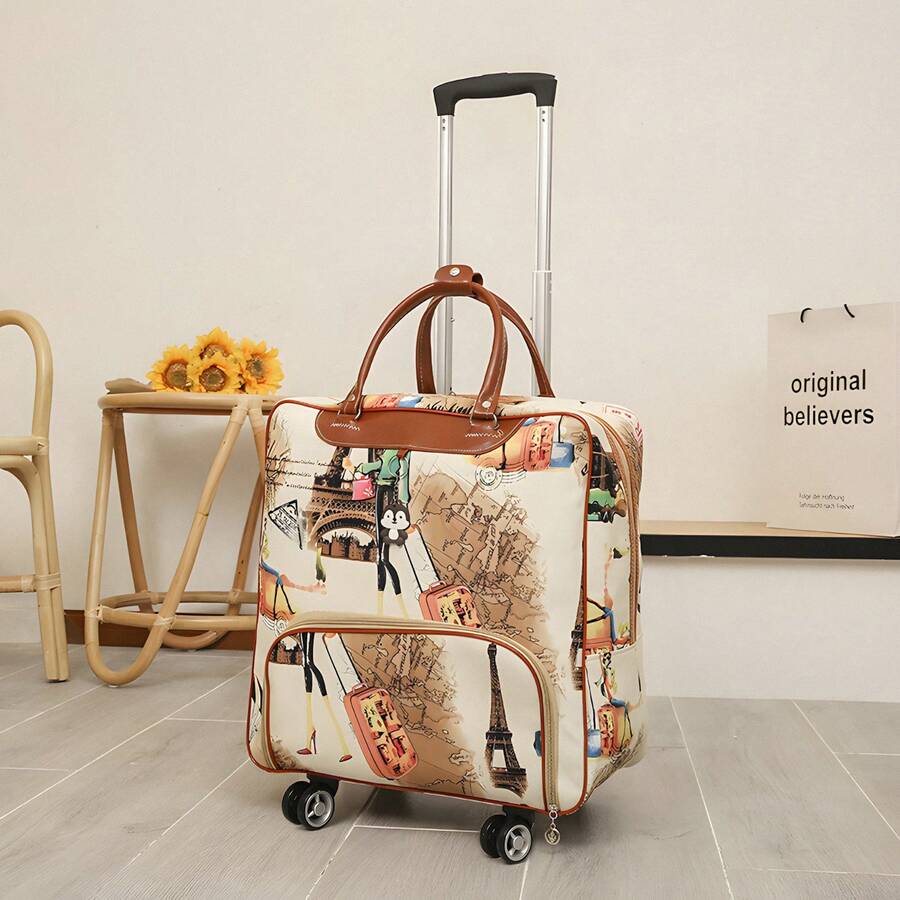 16" 18" Wheeled Travel Trolley Bag Foldable Rolling Duffle Bag Poarge Luggage Carry On Underseat Soft Suitcase - Khaki Tower - 查看 1