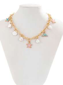 1pc Women's Starfish, Fish Tail, Seashell & Pearl Pendant Ocean Beach Style Fashion Short Necklace