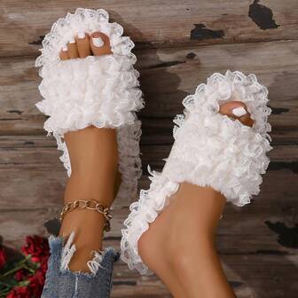 时尚仿皮毛拖鞋，蕾丝边防滑静音平底露趾家居拖鞋，适合所有季节