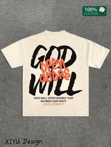 Men's "God Will Open The Door" Pattern Cotton T-Shirt-Navy Blue, Casual Round Neck, Short-Sleeved Loose Version, Suitable For Travel And Casual Wear, Daily Comfortable T-Shirt | Fashion Casual Version Shirt - 杏色 - 查看 2