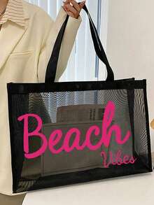 Mesh Beach Bag Tote Bag ,Heart Letter Beach Bag,Foldable SwimBeach Tote Bag With Waterproof Sandproof,Mesh Beach Tote Women Shoulder Handbag,Letter Decor For Beach Vacation Storage And Shopping For Teen Girls Women College Students, Large Capacity Bag For Women - 黑色 - 查看 3