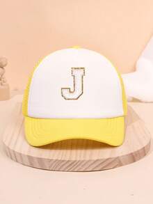 1PC Yellow Mesh Boys And Girls 26 Letter Trucker Hat For Outdoor Fun And Play Sun Protection For Boys And Girls Back To School Daily Wear, Holiday Gift - Yellow - View 61