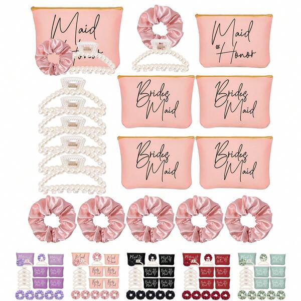 15Pcs Bridesmaid Proposal Gifts Maid Of Honor Gifts Bridesmaid Gift Set, Include 5 Bridesmaid Makeup Bag, 5 Pearl Hair Claws 5 Hair Scrunchies For Wedding Bachelorette Gifts