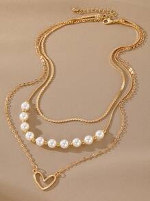 1pc 3 Layers Stacking Personalized Light Luxury Elegant Pearl Hollow Heart Necklace, Vacation Party Dating Gift Daily Wear