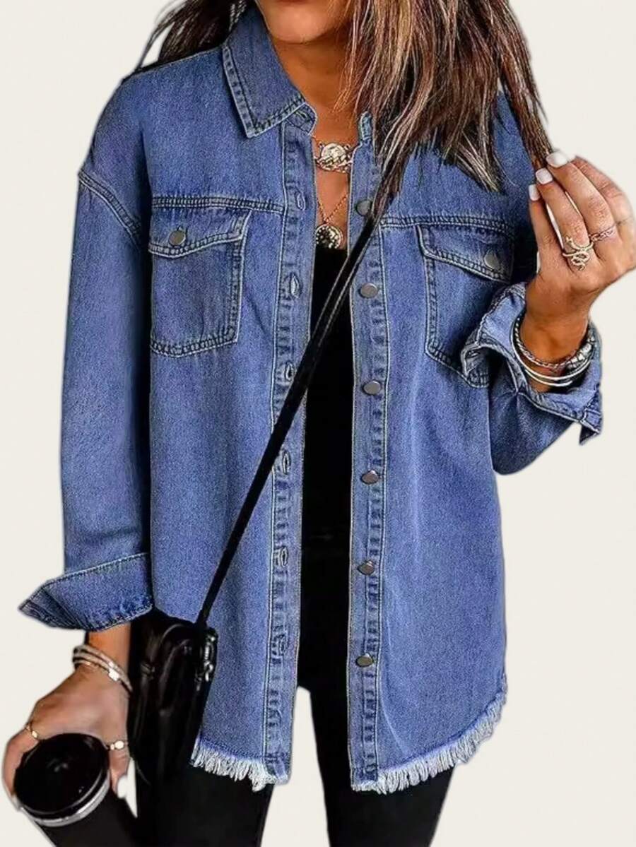 Women's Solid Color Casual Denim Jacket With Pockets And Frayed Edges, Long Sleeve, Spring & Autumn - Light Wash - View 1