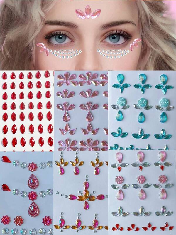 1pc Face Gems Makeup Temporary Tattoo Stickers Waterdrop, Pink Rose, Acrylic Crystal Glitter Stickers Face Jewels Rhinestone For Party, Rave Festival, Dress-Up, Music Festival