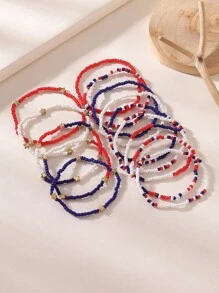 14pcs Bohemian Style Beaded Bracelet Set, Simple & Fashionable, Handmade With Red White Blue Seed Beads & Stars, Elastic Design, Suitable For Women, Perfect Gift For USA Independence Day, Party, Bar, Work, Casual Occasions