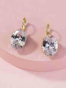 1 Pair Bling Bling Big Oval Cubic Zirconia Hoop Earrings For Women Jewelry Gift - Vàng - Xem 2