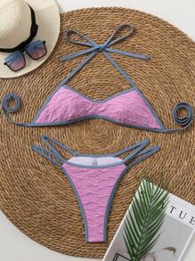 Patchwork Contrasting Color Trim Bowknot Bikini Set