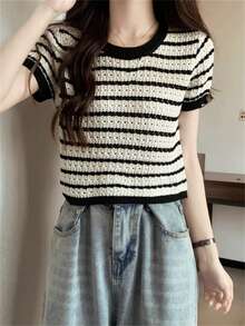 女士夏季时尚黑白条纹针织上衣，宽松女孩时尚短袖 - 黑與白 - 查看 7