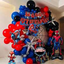 Eyuwn Spider Theme Happy Birthday Banner And 5PCS Spider Character Giant Balloons For Birthday Party Decoration