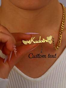 Customized 2 Names Necklace With Crown & Heart Shaped Zirconia Cubic, 5mm Cuban Chain, Stainless Steel, Jewelry Gift For Men & Women, Valentine's Day - Gold - View 8