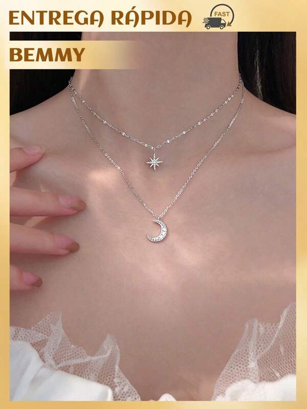BEMMY Colar Duplo Com Strass Estrela e Lua, Joia Versátil Para Uso Diário e Festas
