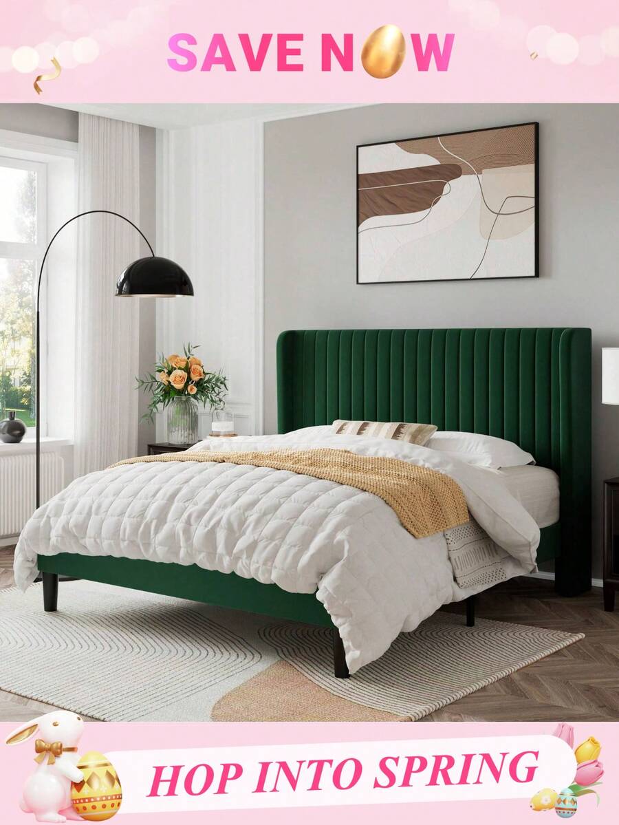 Allewie Full/Queen/King Size Velvet Bed Frame/Vertical Channel Tufted Wingback Headboard/Upholstered Platform Bed/Strong Wooden Slats/No Box Spring Needed/Easy Assembly/Blue/Black/White/Green/Teal/Pink/Grey * Bed Frame Queen Queen Bed Frame Bed Frame Full Full Size Bed Frame King Size Bed Frame Twin Bed Frame Room Decor Home Decor Christmas Decor Bedroom Decor Valentine Day Decor Storage Living Room Decor Furniture House Decor - màu xanh lá - Xem 1