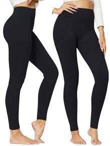 1-Pack Women's High-Waisted Cozy Fleece-Lined Seamless Leggings - 黑色 - 查看 3