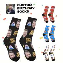 1 Pair Of Custom Birthday Socks: Printed With A Man's Face And The Words "Happy Birthday", Is A Unique Gift For Men - Men's Novelty Socks, Family Custom Socks, Individual Custom Socks, First Year Gift, First Year Custom Socks