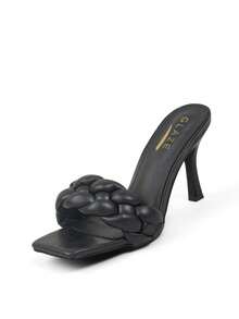 Sandalias para mujer slip-on de moda tipo zapatilla con acabado tipo tejido y tacón delgado y de altura media, ideales para uso diario para salidas casuales, para uso en interiores y exteriores, salidas en calor, ofreciendo un toque de estilo y glamour que resaltan la sofisticación en el calzado femenino. - Negro - Ver 1