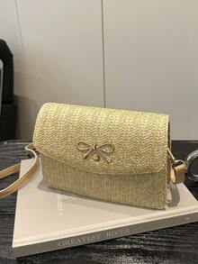 1pc Khaki Straw Woven Metal Buckle Bowknot Decor Fashion Versatile Casual Oblique Shoulder Bags, Suitable For Ladies' Daily Use - Khaki - View 11