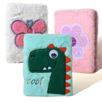 可爱毛绒动物柔软笔记本毛绒日记本适合女孩青少年毛绒日记本书写垫彩色 A5 横格