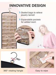 1pc Hanging Jewelry Storage Box, Necklace Holder -Free Earring Organizer With 20 Jewelry Pouches, Pocket Design For Wardrobe, Wall, Door Mounting, Large/Small Size, Black Color, Suitable For Women, Summer Travel, Back To School, Halloween Gift - Multicolor - View 6