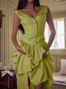 Spring/Summer Solid Color Button Patchwork Dress, Elegant Lady Style, Suitable For Daily, Date, Vacation Wear - Lime Green - View 5