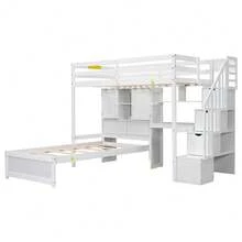 MERAX Twin Over Twin Loft Bed With Built-In Desk And Staircase, With Storage Compartments And Shelves, White/Natural - 白色 - 查看 8