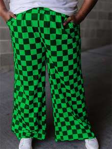 Women Checkered Pants Elastic Waist Loose Wide Leg Checkerboard Pants Y2K Gingham Trousers Lounge Streetwear - 綠色 - 查看 3