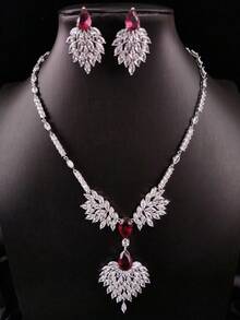 1 Set 3pcs Luxury Waterdrop Zirconia Necklace & Earrings Jewelry Set, Bridal Wedding Party Evening Dress Accessories For Women - Water Droplets - View 14