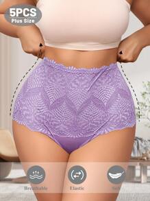 MEIYATING Set de 5 piezas de ropa interior de encaje de talla grande para mujeres, pantis moldeadores de cintura alta con diseño de recorte floral, sin costuras y transpirables