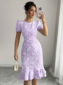 2025春夏女士优雅提花纯色圆领荷叶边下摆泡泡袖中长连衣裙 - 紫色 - 查看 4