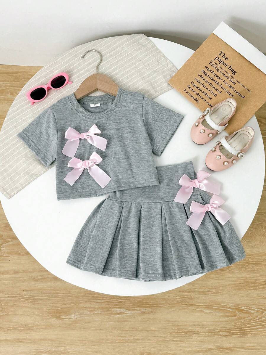 Set de 2 piezas de top de manga corta con moño y falda para niñas - Gris - Ver 1
