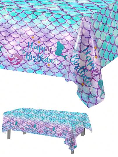 1 pieza Mantel de PE de estilo sirena de 130*220cm de color púrpura, Mantel desechable resistente al agua con tema de cumpleaños de sirena, decoración perfecta para fiestas de cumpleaños felices, fiestas, eventos en el hogar, mantel de mesa, regalo de mesa, decoración de ducha para bebé, decoración del hogar, falda de mesa fácil de limpiar, accesorios para fiestas