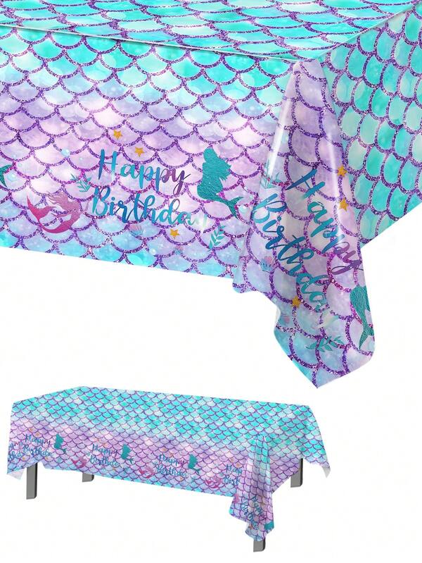 1pc 130*220cm Purple Mermaid PE Tablecloth, Mermaid Birthday Theme Disposable Waterproof Table Runner, Perfect Decoration For Happy Birthday Holiday Party Home Event Decoration Table Flag, Dining Table Gift Table Decoration Table Cover, Babe Shower Party Room Decoration Home Decoration Table Skirt, Easy To Clean Table Set, Party Favors