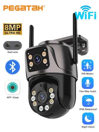 Cámara PTZ ultra HD de doble lente de 8MP, rotación de 360°, detección de movimiento humano AI, visión nocturna a todo color, alarma de sirena, audio bidireccional, control remoto WiFi/móvil, resistente al agua IP66, apta para uso en exteriores, hogar y negocios