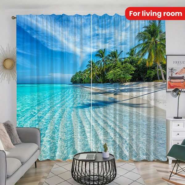 2 pièces Rideaux imprimés avec paysage marin tropical des îles des Maldives, avec une conception de passant pour tringle. Convient pour le salon, la chambre à coucher, le bureau, la décoration de la maison, style classique, lavable en machine, polyester semi-transparent, thème paysager pour toutes les saisons