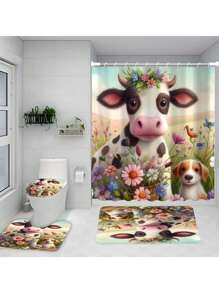 1/4pcs Cartoon Cow Print Bathroom Set, Includes Waterproof Shower Curtain, Non-Slip Mat, Toilet Lid Cover, Bath Mat And 12 Plastic Hooks, Bathroom Decor, Home Decor, Dorm Decor, Autumn, Villa Decoration Back To School