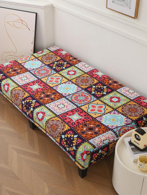 1pc Vintage Bohemian Nine Grid Sofa Bed Cover With Elastic All Inclusive Polyester Fiber Sofa Cover, Knitted Milk Silk, Suitable For All Seasons